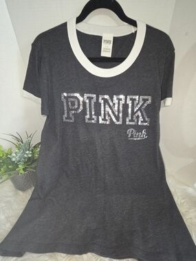 PINK Victoria's Secret Sequin  Charcoal/White Ringer Tee, Size L